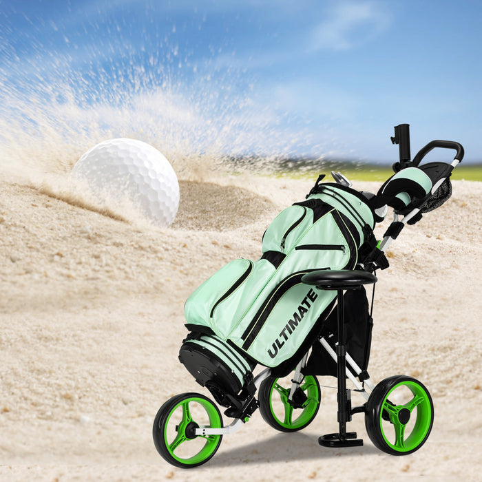 Goplus Folding 3 Wheels Golf Push Cart W/seat Scoreboard Adjustable Handle Green