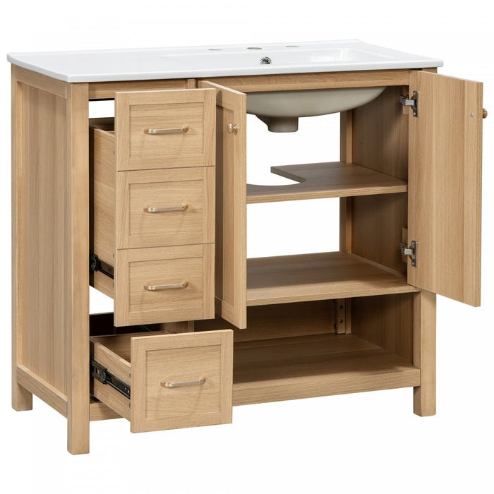 Oakmere 36 Inch Single Sink Bathroom Vanity with Two Doors and Two Drawers, Natural Wood