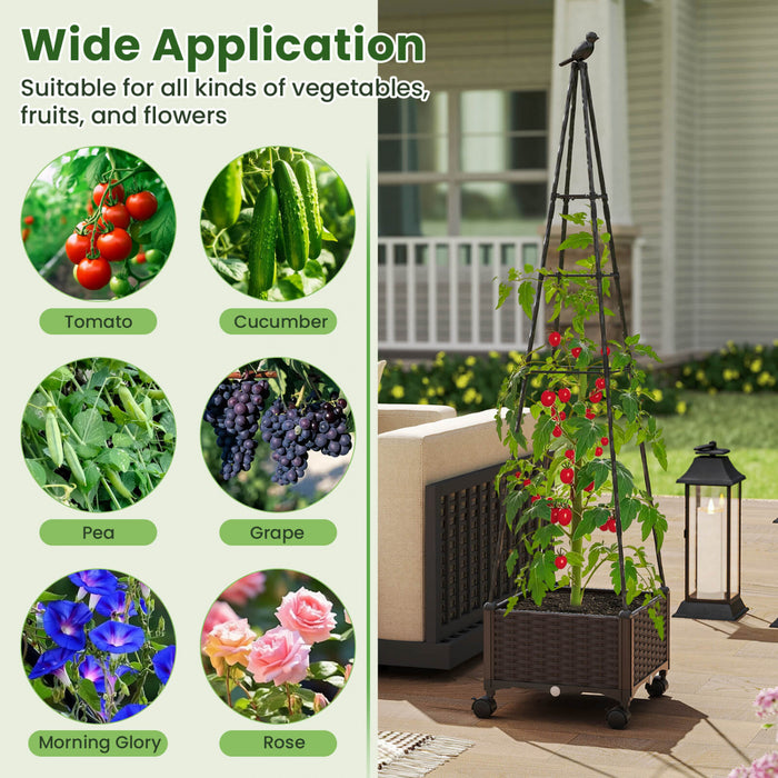 Costway 1 Pcs Raised Garden Bed With Plant Box & Obelisk Trellis Lockable Wheels Cage Planter