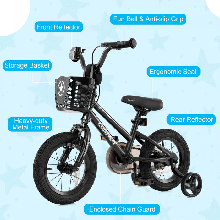 Costway 12\" Kid's Bike With Training Wheels Adjustable Handlebar & Seat Handbrake Black