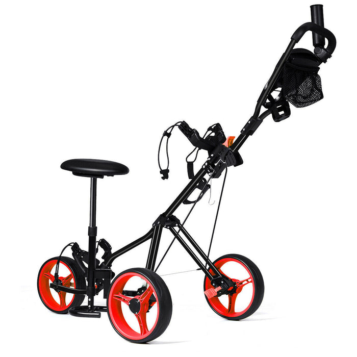Costway Foldable 3 Wheel Push Pull Golf Club Cart Trolley W/seat Scoreboard Bag Red
