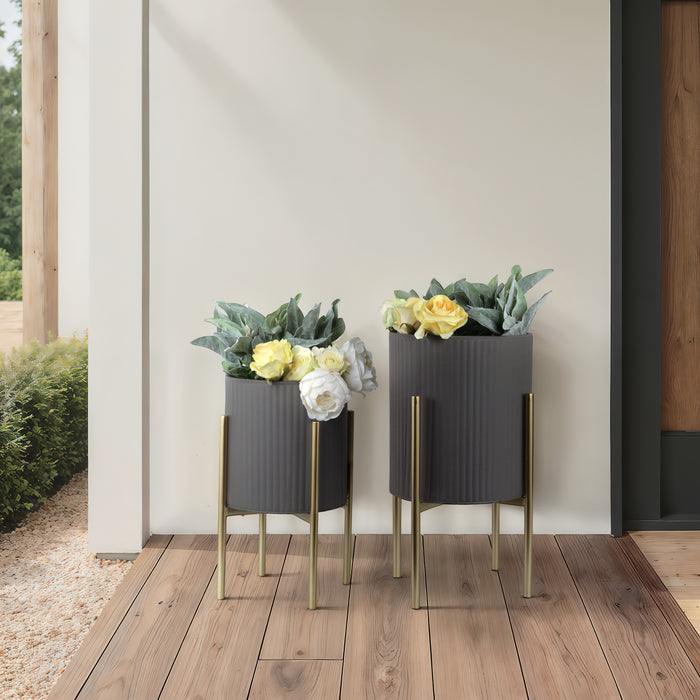 Iron 23\" Ridges Grey Planter on Gold Metal Stand - Set of 2