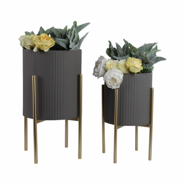 Iron 23\" Ridges Grey Planter on Gold Metal Stand - Set of 2