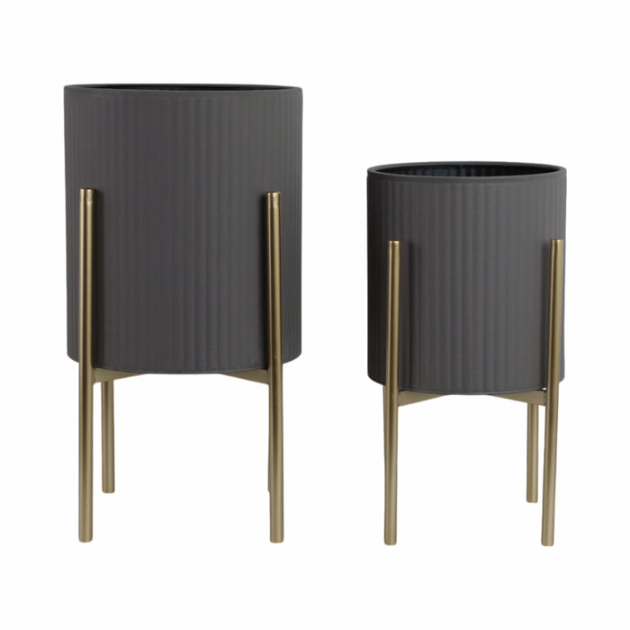 Iron 23\" Ridges Grey Planter on Gold Metal Stand - Set of 2