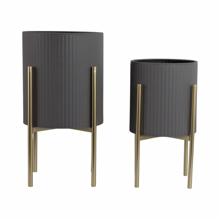Iron 23\" Ridges Grey Planter on Gold Metal Stand - Set of 2