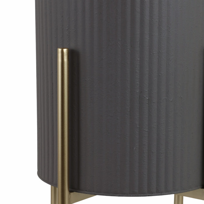 Iron 23\" Ridges Grey Planter on Gold Metal Stand - Set of 2