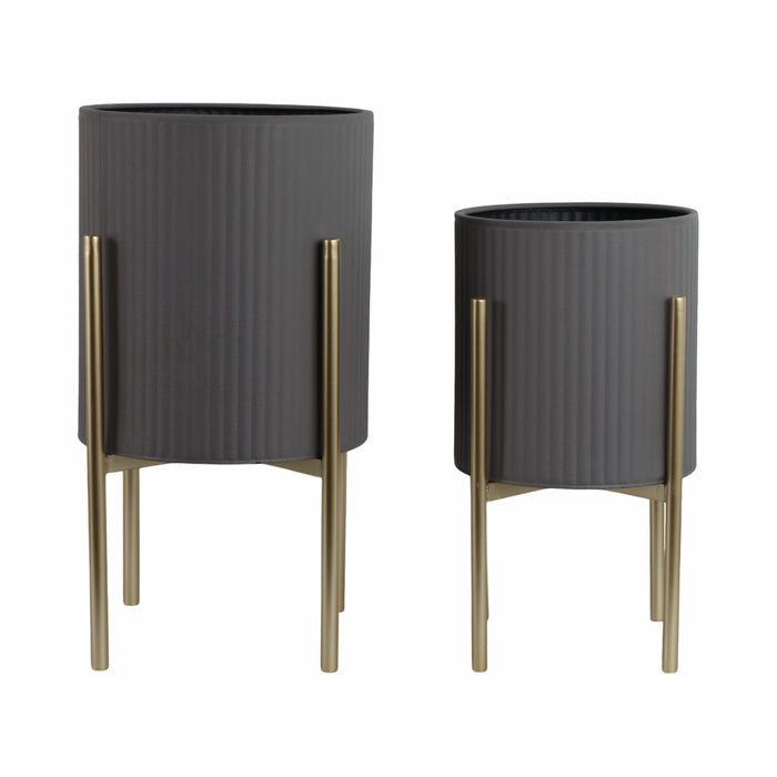 Iron 23\" Ridges Grey Planter on Gold Metal Stand - Set of 2