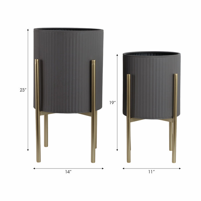 Iron 23\" Ridges Grey Planter on Gold Metal Stand - Set of 2