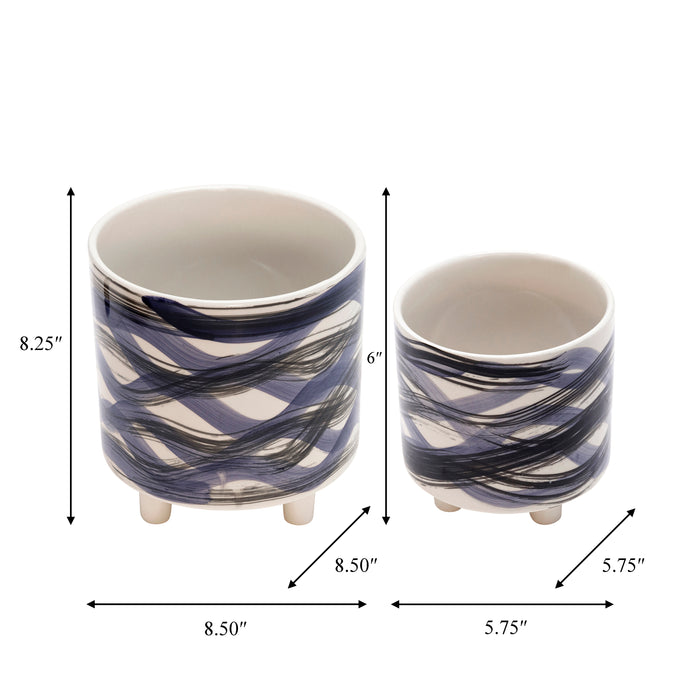 Ceramic 6\"/9\" Footed Blue Swirl Planter - Set of 2