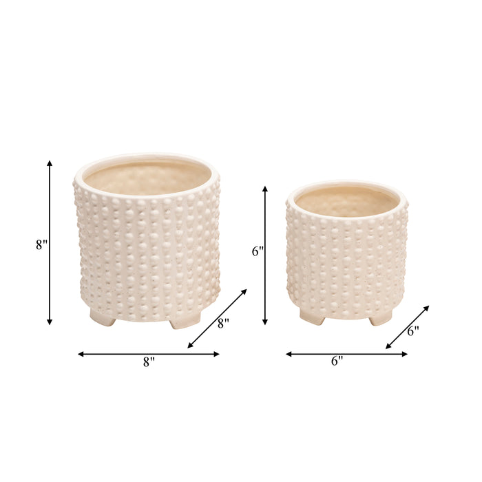 Ceramic 6\"/8\" White Footed Planter with Dots - Set of 2