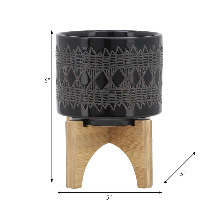 Ceramic 5\" Aztec Planter with Wood Stand - Black