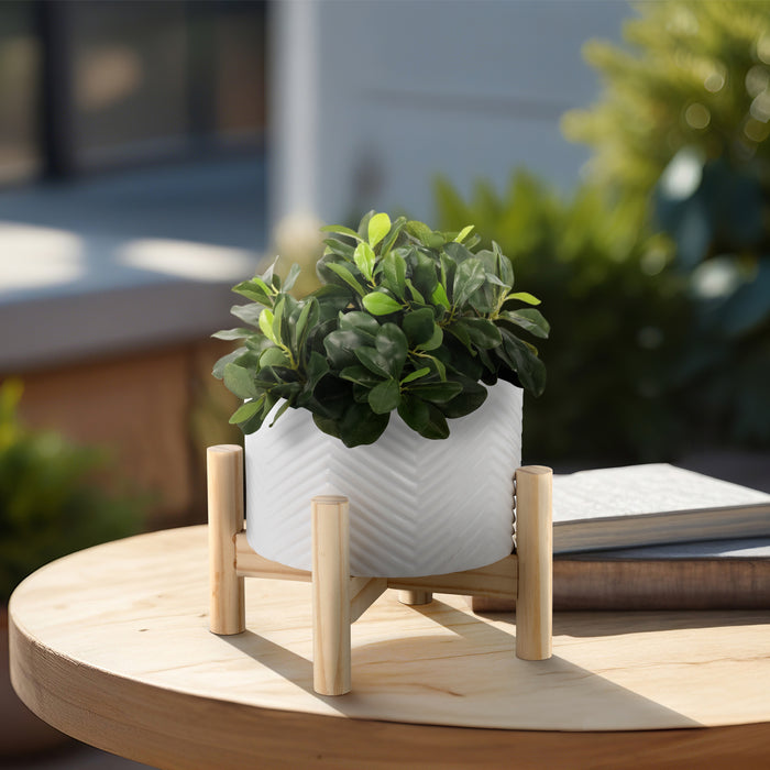 Ceramic 6\" Chevron Planter with Wood Stand - White