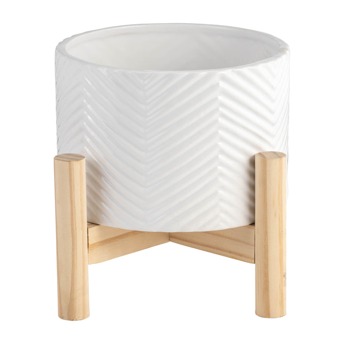 Ceramic 6\" Chevron Planter with Wood Stand - White