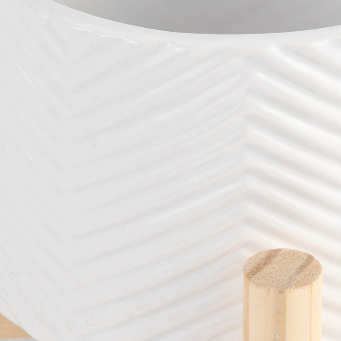 Ceramic 6\" Chevron Planter with Wood Stand - White