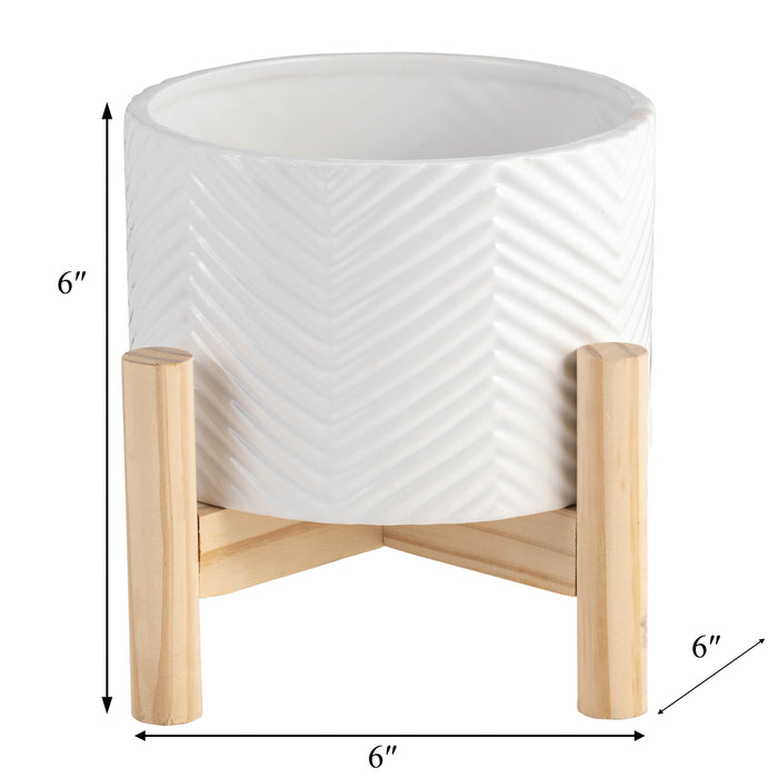 Ceramic 6\" Chevron Planter with Wood Stand - White