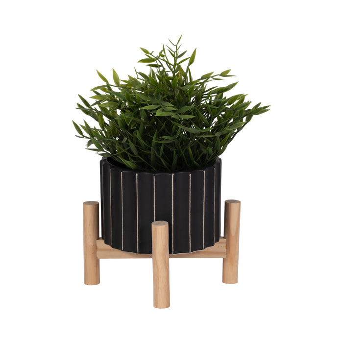 Ceramic 6\" Fluted Planter with Wood Stand - Black