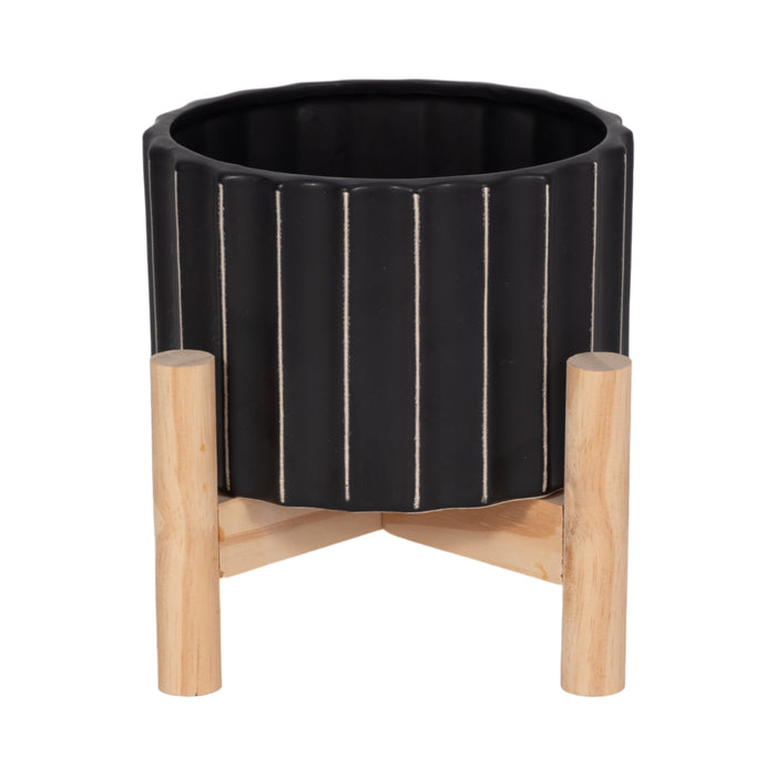 Ceramic 6\" Fluted Planter with Wood Stand - Black