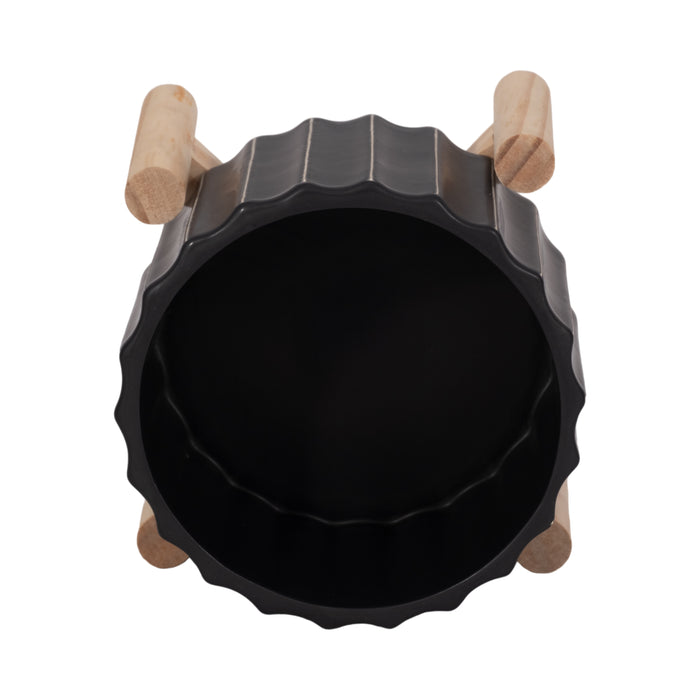 Ceramic 6\" Fluted Planter with Wood Stand - Black