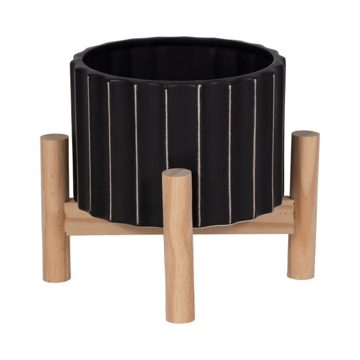 Ceramic 6\" Fluted Planter with Wood Stand - Black