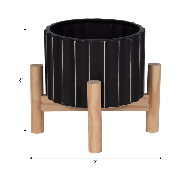 Ceramic 6\" Fluted Planter with Wood Stand - Black