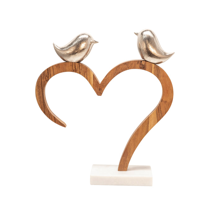 Metal 15\" Birds Perched on Wood Heart with Marble Base - Silver