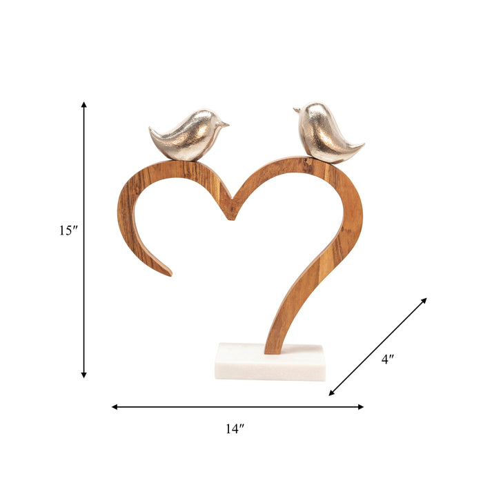 Metal 15\" Birds Perched on Wood Heart with Marble Base - Silver