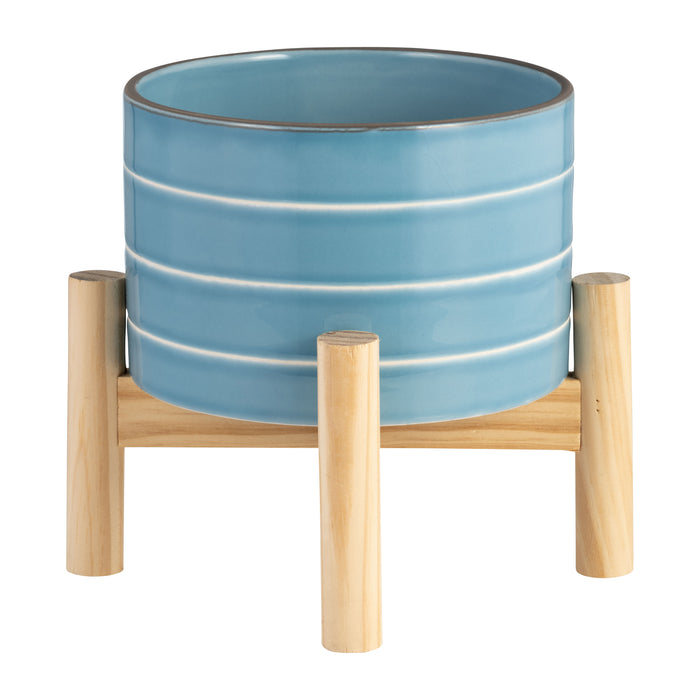 Ceramic 6\" Striped Planter with Wood Stand - Sky Blue