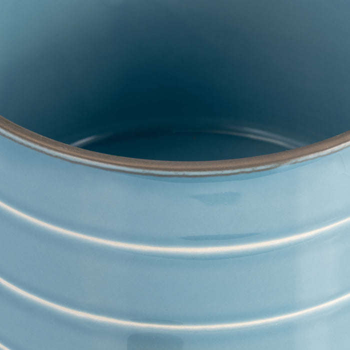 Ceramic 6\" Striped Planter with Wood Stand - Sky Blue