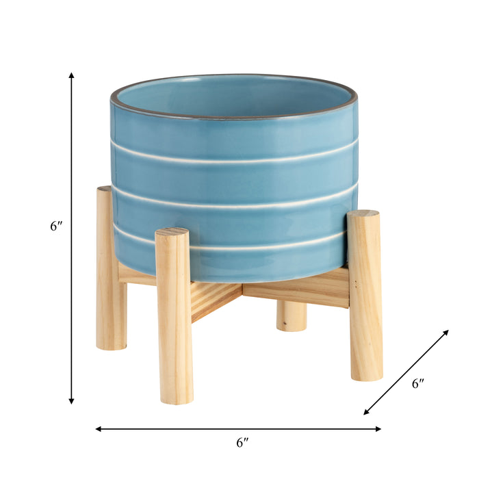 Ceramic 6\" Striped Planter with Wood Stand - Sky Blue