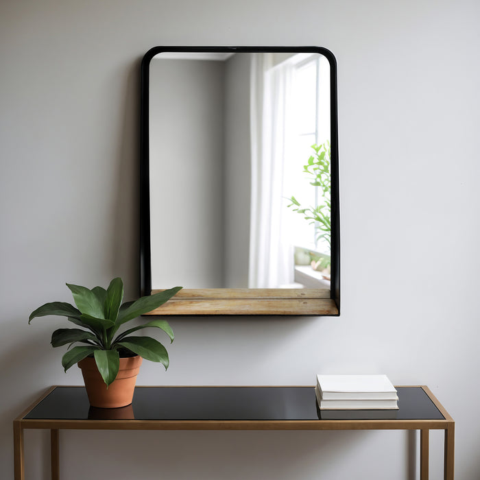 Metal 22\" x 30\" Mirror with Shelf - Black and Brown