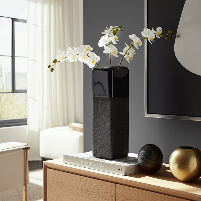 Ceramic 18\" Squared Groove Vase - Black