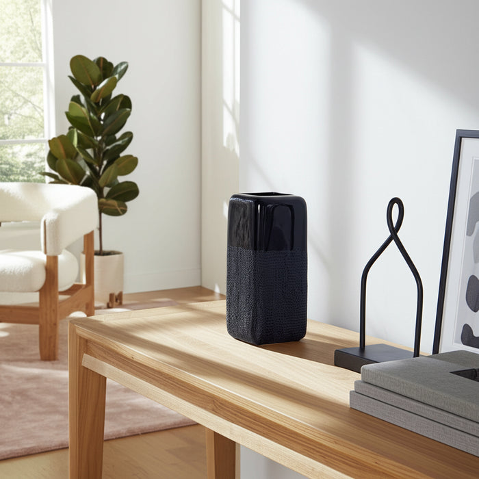 Ceramic 12\" Squared Groove Vase - Navy Blue
