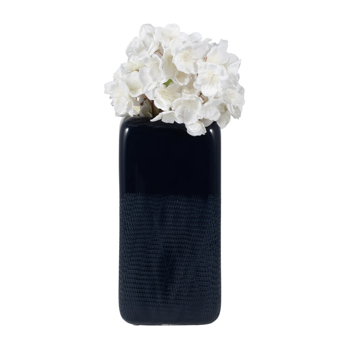 Ceramic 12\" Squared Groove Vase - Navy Blue