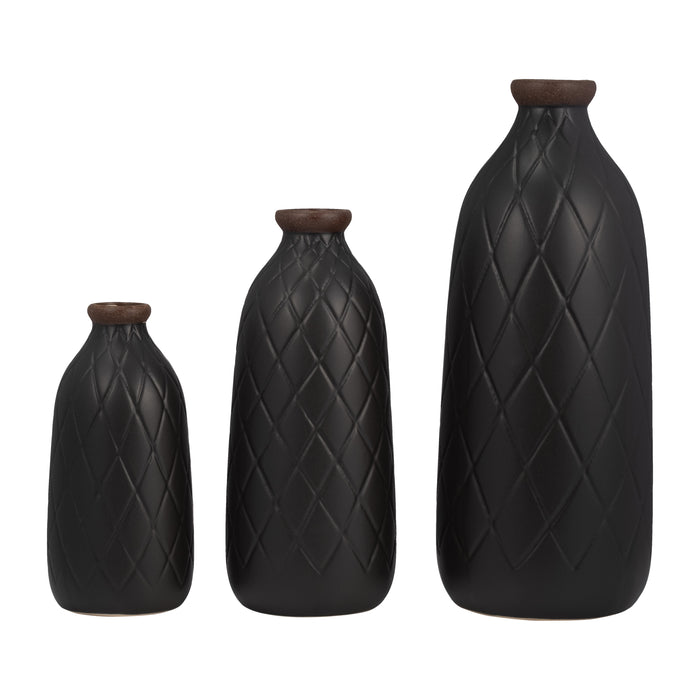 Ceramic 12\" Plaid Textured Vase - Black