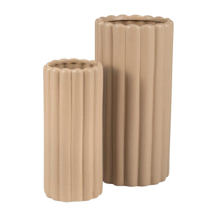 Ceramic 10\"/13\" Ribbed Irish Cream Vase - Set of 2