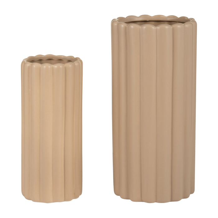 Ceramic 10\"/13\" Ribbed Irish Cream Vase - Set of 2