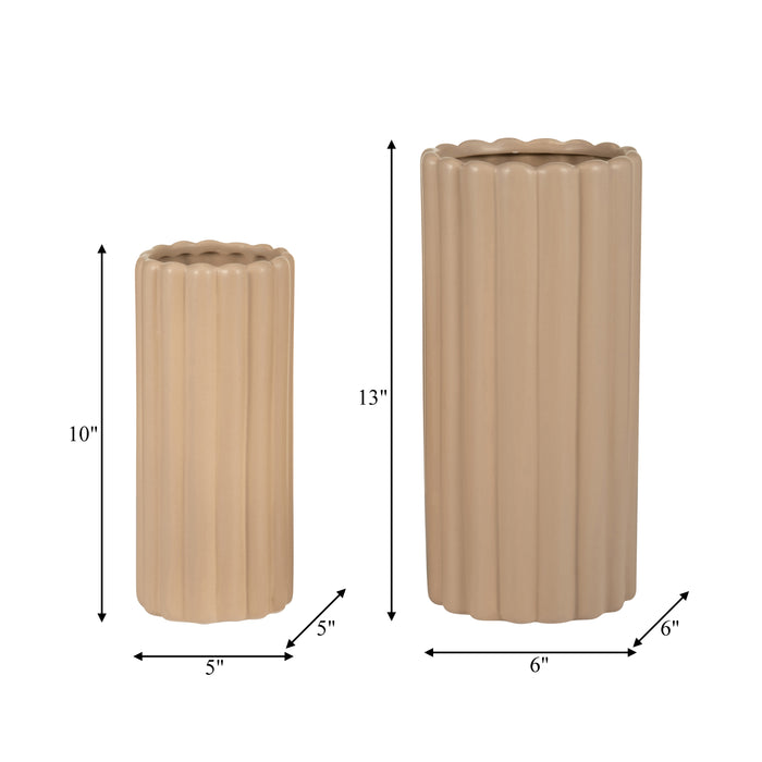 Ceramic 10\"/13\" Ribbed Irish Cream Vase - Set of 2