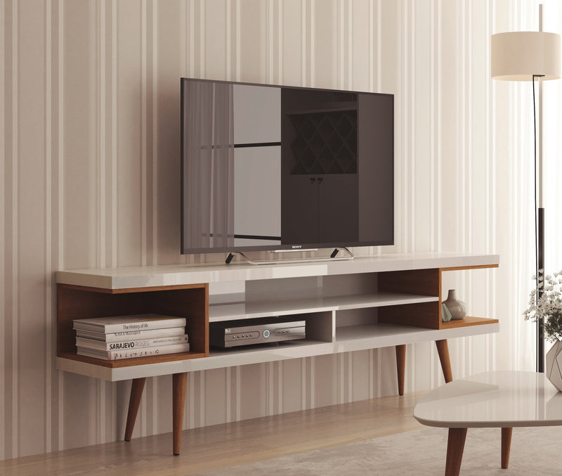 Manhattan Comfort Utopia 70.47\" TV Stand with Splayed Wooden Legs & 4 Shelves - White Gloss & Maple Cream