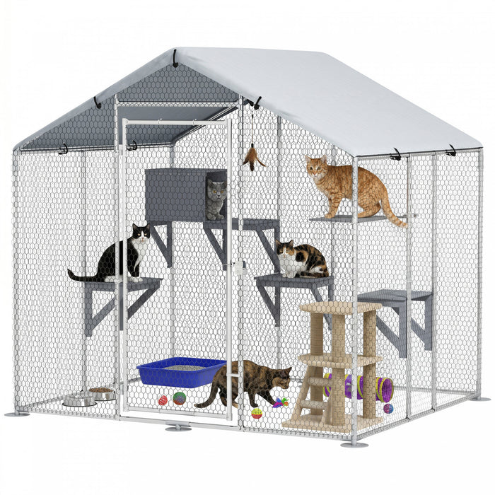 PawHut 79\" Extra Large Catio Outdoor Cat Enclosure, Walk In Cat Cage with Waterproof Cover, Resting Box, 4 Platforms, Metal Chicken Run Hen House Rabbit Hutch for Outside