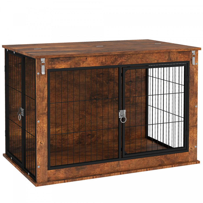 Pawhut Dog Crate Furniture, 39\" Dog Kennel Furniture With Flip-up Top Opening, 2 Doors, Indoor Dog Cage End Table For Large Dogs, Rustic Brown