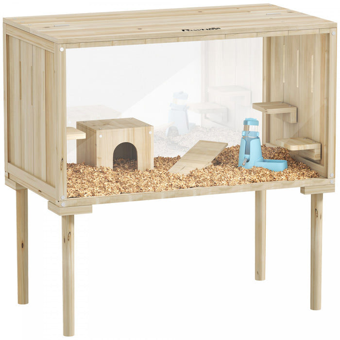 Pawhut Large Hamster Cage, 28\"length Wooden Hamster Cage For Syrian, Dwarf, Gerbil, Hamster Habitat With Seesaw, Water Bottle, Food Dish, Hut, Transparent Panel For Easy Observe