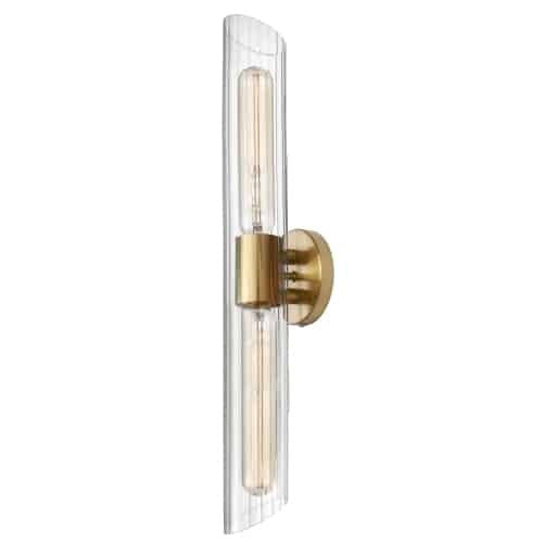 Dainolite Samantha 2 Light Vanity Light Tall Aged Brass Clear Fluted Glass Lamp