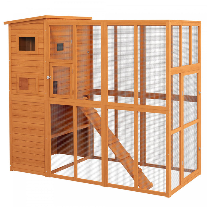 Pawhut Large Catio Outdoor Cat Enclosure Weatherproof Cat House With Cat Condo, Indoor Wooden Cat Cage Pet Kennel, 77\"l X 38\"w X 69\"h