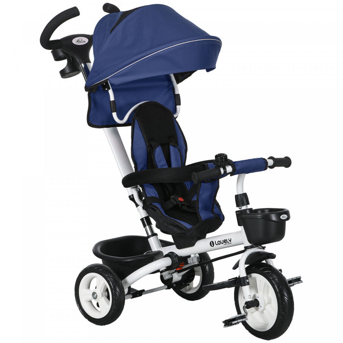 Qaba Toddler Tricycle, 6 In 1 Stroller Bike With Parent Push Handle, Canopy, Storage Baskets, Cupholder, Safety Guardrail And 5-point Safety Belt, For 12-60 Months, Dark Blue