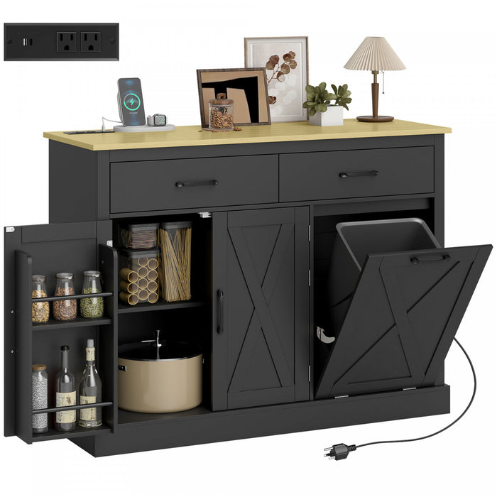 HOMCOM Tilt Out Trash Cabinet with Charging Station, Kitchen Island, Black