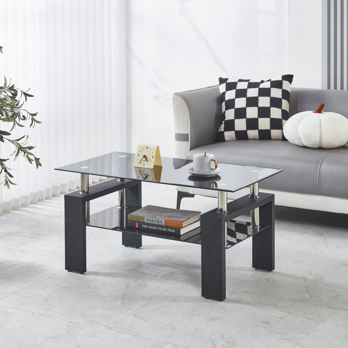 Lucius Modern Geometric Design Tempered Glass Coffee Tablewith Metal Frame and Clear Glass,Black