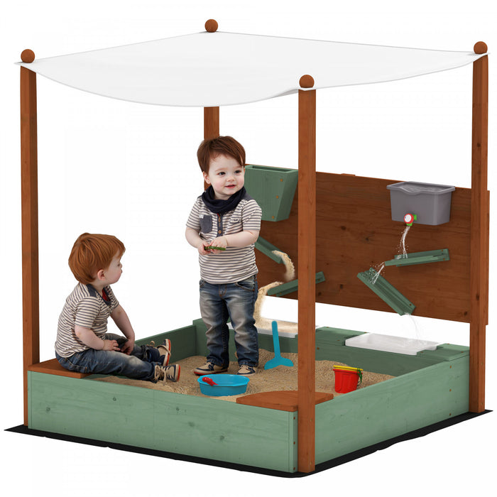 Qaba Kids Sandbox with Canopy, Sand Wall, Bottom Liner, 2 Storage Bins, Kids Outdoor Playset Sand Box for Backyard, Lawn, Garden, Beach, for 3-6 Years, 46\" L x 44\" W x 50\" H
