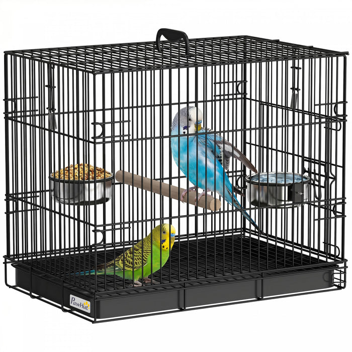 PawHut Foldable Bird Cage, Metal Bird Travel Carrier Cage with Wood Perch, Food Bowls, Slide-Out Tray and Handle for Canaries, Finches, Lovebirds, Parakeets, Black