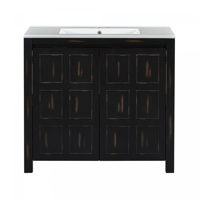 Laura 36\" Solid Wood Bathroom Vanity With Ceramic Sink,espresso Accent Cabinet