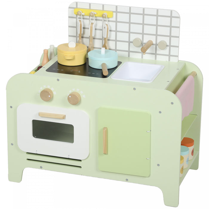 Qaba Kids Kitchen Playset, Play Kitchen, Toddler Pretend Cooking Toy Set with 15 Accessories, Microwave Oven, Cabinets, for Boys and Girls Ages 3+, Green